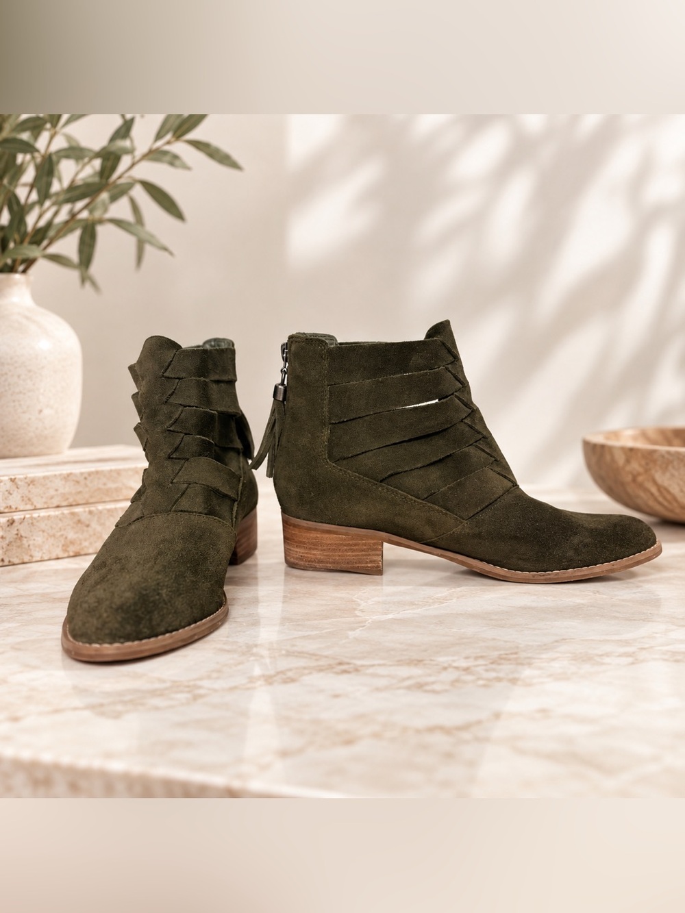 Volatile Olive Green Suede Woven Tassel Ankle Boots Size 7